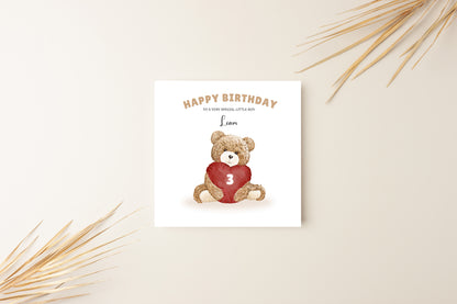 Teddy Bear with Heart-shaped Balloon-Personalised Birthday Folded Card for Boys, Custom Name, Age and Message, Watercolour Effect Happy Birthday Card, Any Age Birthday, 1st 2nd 3rd 4th 5th 6th 7th 8th 9th 10th, Customisable Birthday Card for Children