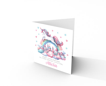 Personalised 5 Years Old 5th Birthday Card for Girls – Magical Unicorn Design with Custom Name & Message - Age 5 Birthday Card for Kids Children Daughter Granddaughter Niece - Pink Envelope Included