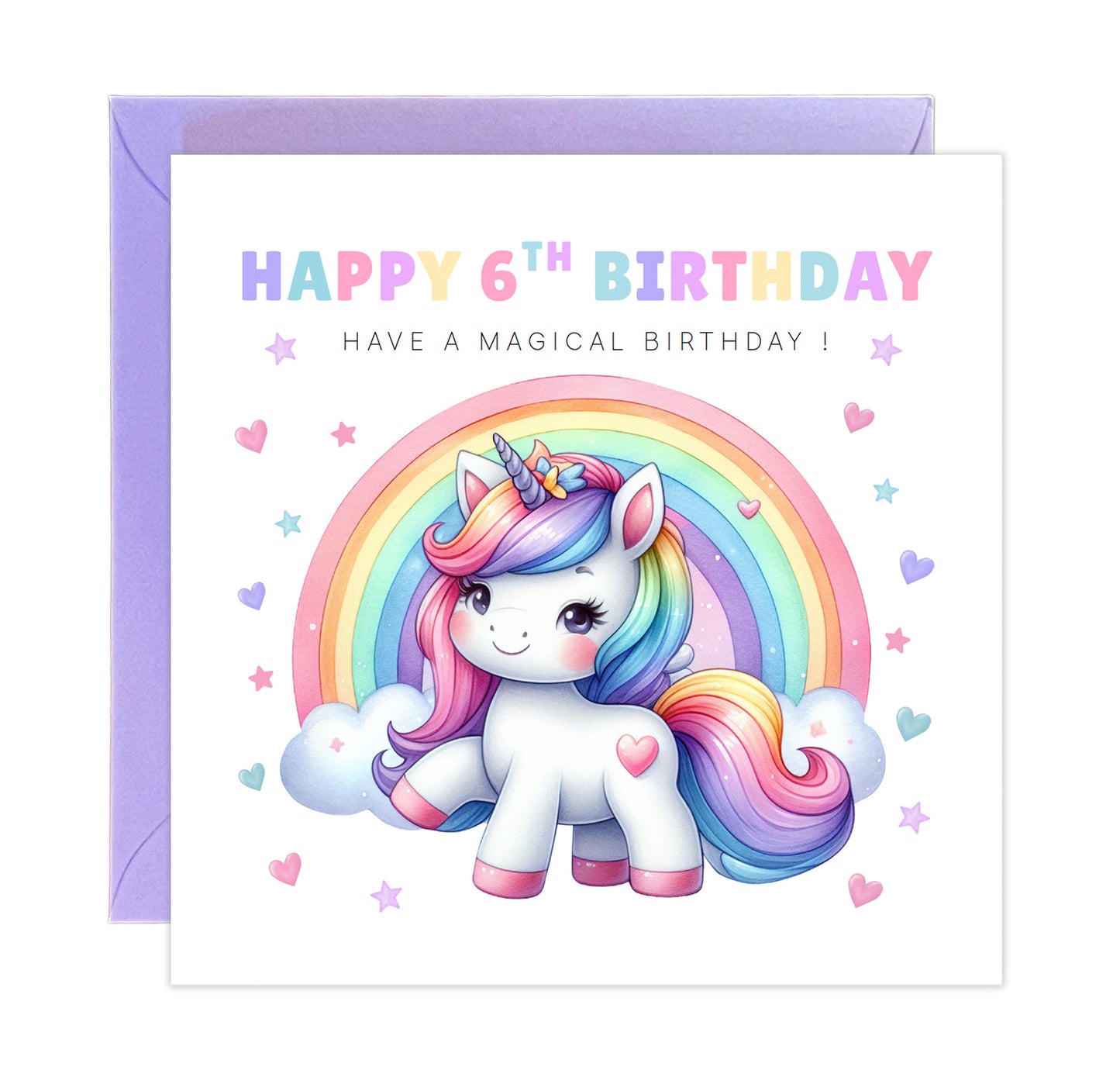 Magical Birthday Card for 6 Years Old 6th Birthday Girls – Sweet Unicorn and Rainbow Design - Age 6 Birthday Card for Kids Children Daughter Granddaughter Niece - Purple Envelope Included