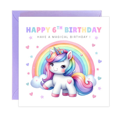 Magical Birthday Card for 6 Years Old 6th Birthday Girls – Sweet Unicorn and Rainbow Design - Age 6 Birthday Card for Kids Children Daughter Granddaughter Niece - Purple Envelope Included