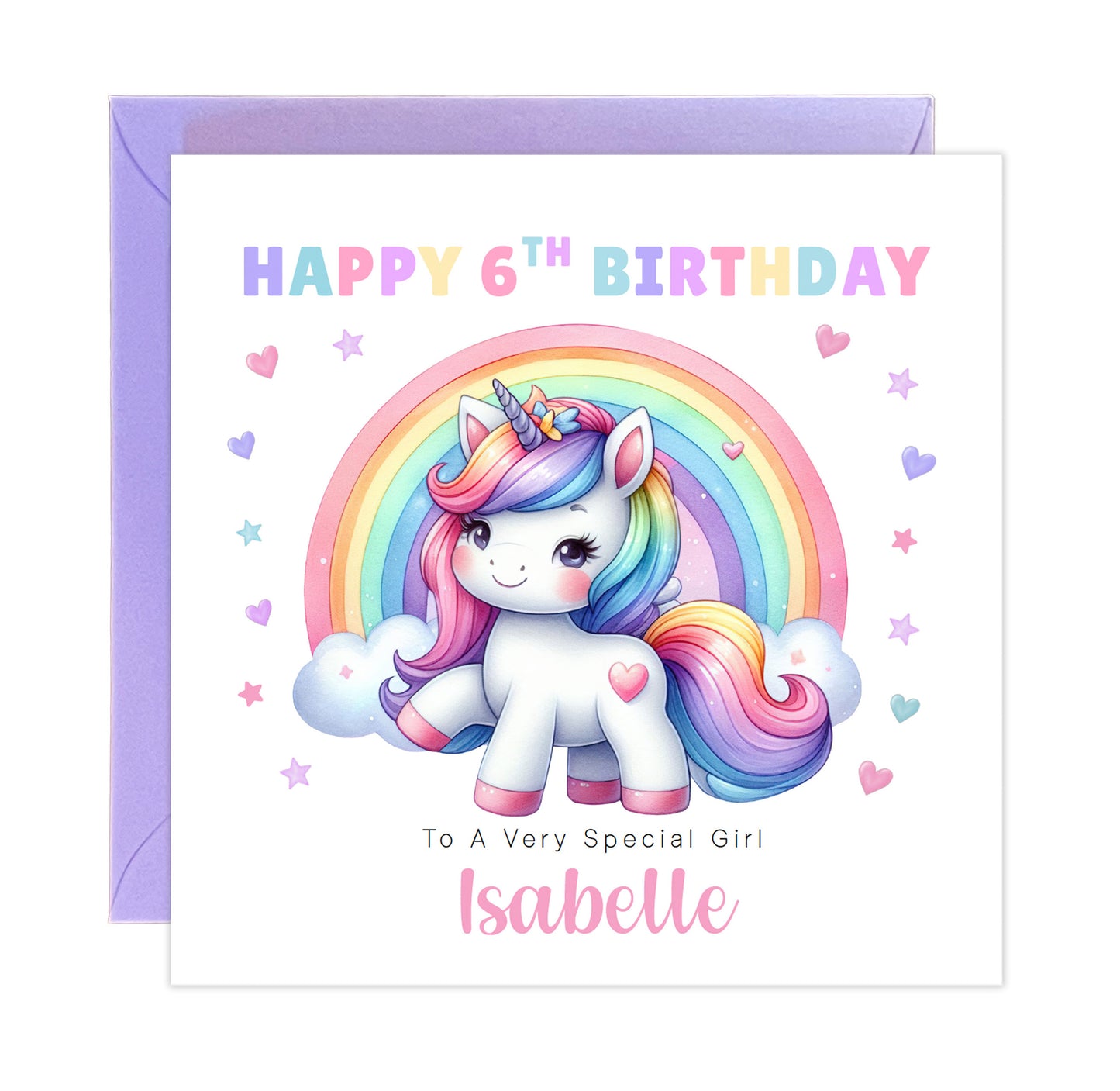 Personalised 6 Years Old 6th Birthday Card for Girls – Magical Unicorn Design with Custom Name & Message - Age 6 Birthday Card for Kids Children Daughter Granddaughter Niece - Purple Envelope Included