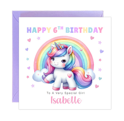 Personalised 6 Years Old 6th Birthday Card for Girls – Magical Unicorn Design with Custom Name & Message - Age 6 Birthday Card for Kids Children Daughter Granddaughter Niece - Purple Envelope Included