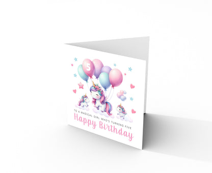 Magical Unicorn Happy Birthday Card Age 5, 5th Birthday 5 Years Old, Fifth Birthday Card for Magical Girls,  Kids, Children, Daughter, Granddaughter, Niece - Pink Envelope Included