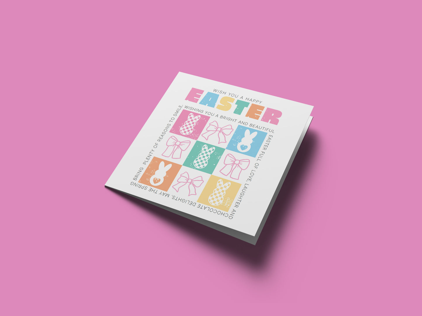 Cute Checkerboard Bunny Happy Easter Card – Bunny & Bow Design – Sweet Easter Wishes and Spring Greeting Card for Family, Girls, Teens, Friends, Kids, Loved Ones - Pink Envelope Included