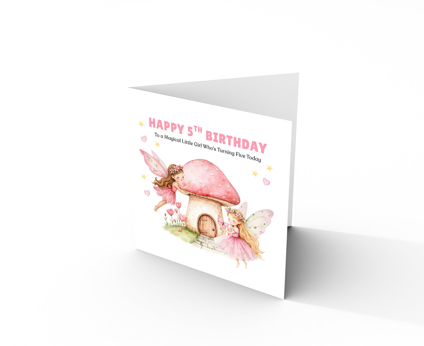 Fairy 5 Years Old 5th Birthday Card for Girls – Magical Fairy and Mushroom House Design for Age 5 Kids, Children, Daughter, Granddaughter, Niece - Pink Envelope Included