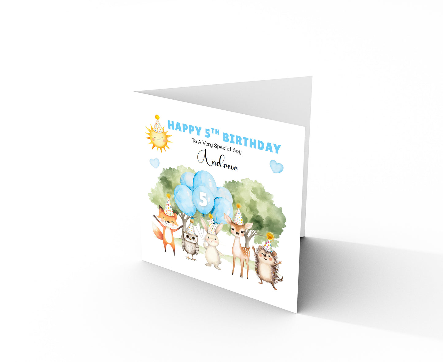 Personalised 5th Birthday Card for Boys – Woodland Animals Design with Custom Name and Message, Age 5 Years Old Birthday Card for Kids, Children, Boy, Son, Grandson, Nephew – Blue Envelope Included