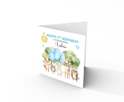 Personalised 5th Birthday Card for Boys – Woodland Animals Design with Custom Name and Message, Age 5 Years Old Birthday Card for Kids, Children, Boy, Son, Grandson, Nephew – Blue Envelope Included