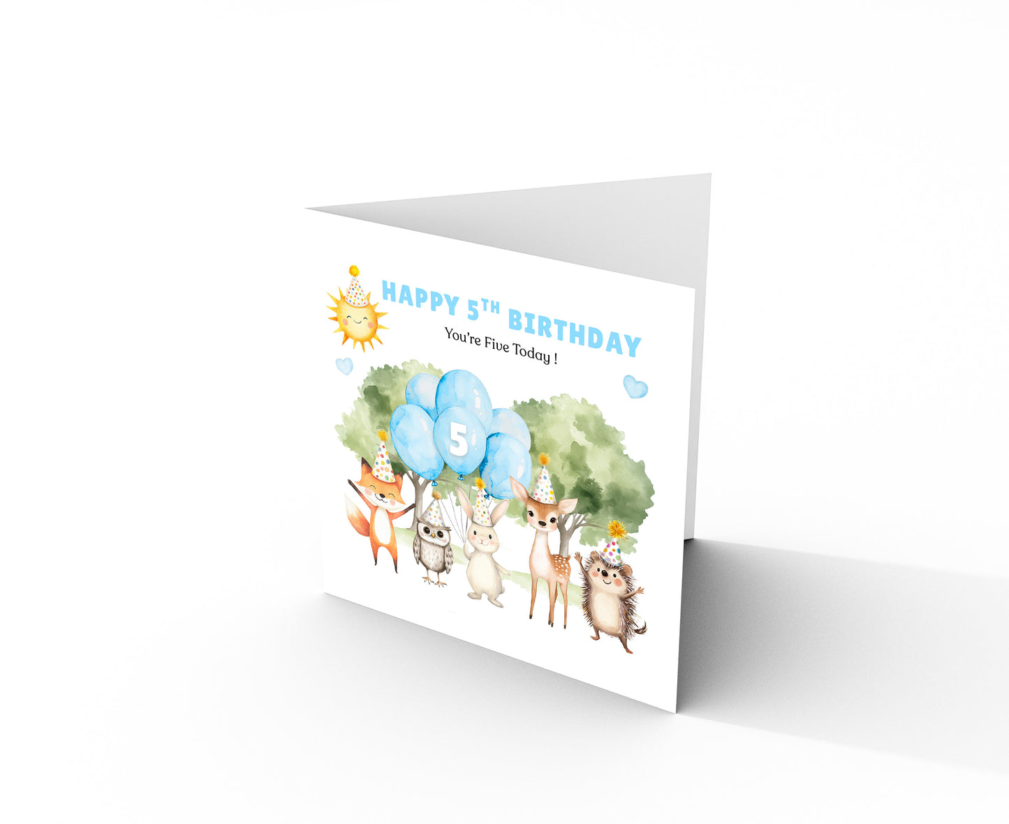 Woodland Animals 5th Birthday Card for Boys – Forest Animals Design Birthday Card for Age 5 Years Old Boy, Kids, Children, Son, Grandson, Nephew – Blue Envelope Included