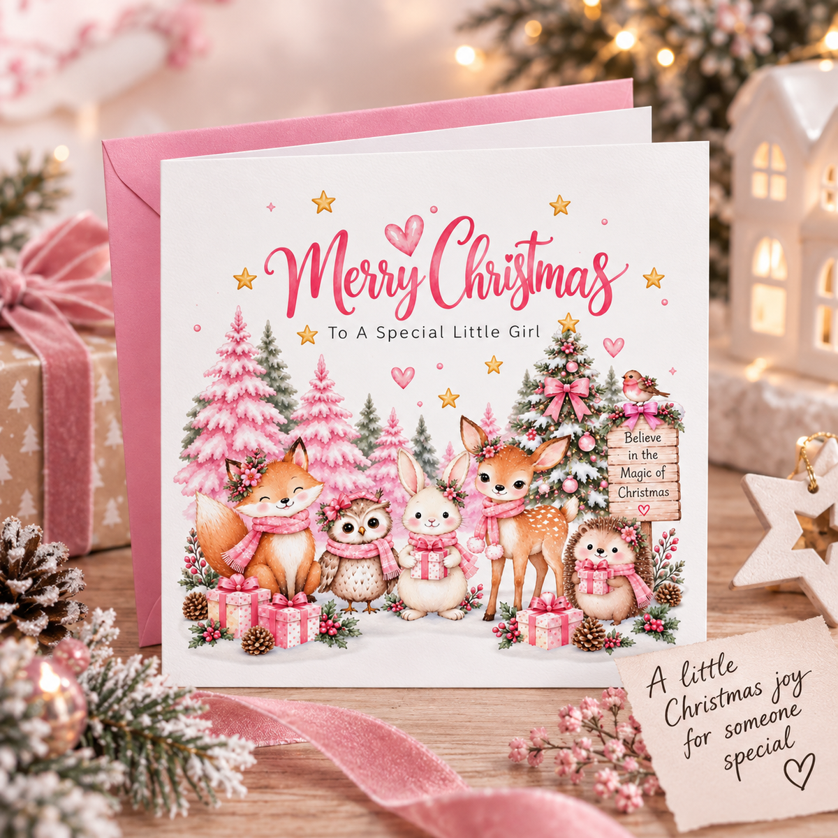 Pink Forest Christmas Card for Girls – Cute Christmas Woodland Animals