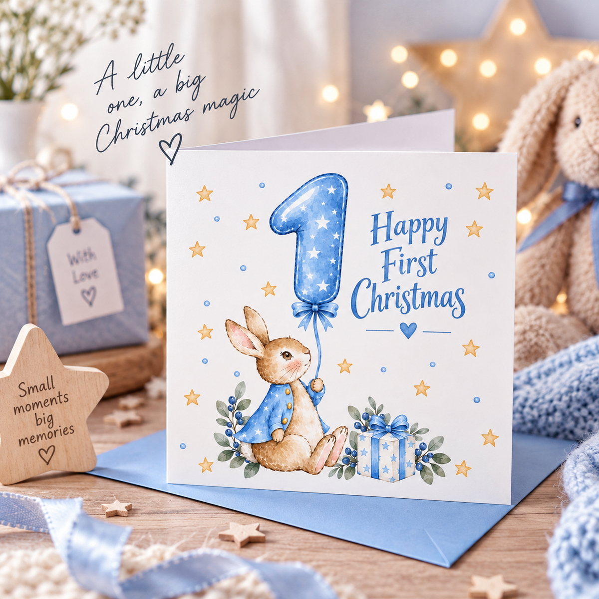 Happy Baby Boy's First Christmas Card – Blue Cute Bunny Design