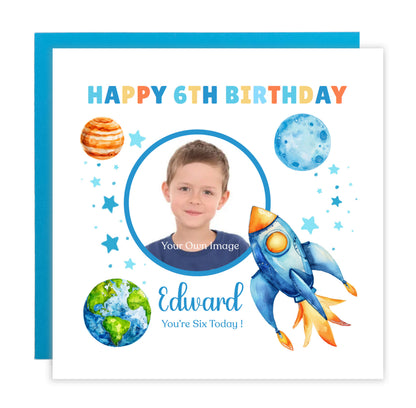Personalised Photo 6th Birthday Card for Boys – Space-Themed Design with Custom Name and Message, Age 6 Years Old Birthday Card for Kids, Children, Boy, Son, Grandson, Nephew – Blue Envelope Included