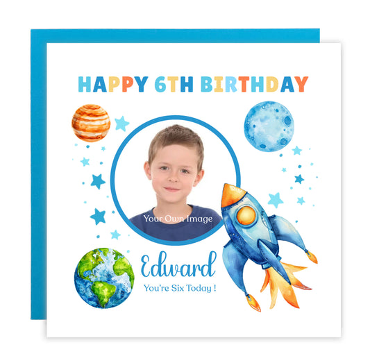 Personalised Photo 6th Birthday Card for Boys – Space-Themed Design with Custom Name and Message, Age 6 Years Old Birthday Card for Kids, Children, Boy, Son, Grandson, Nephew – Blue Envelope Included