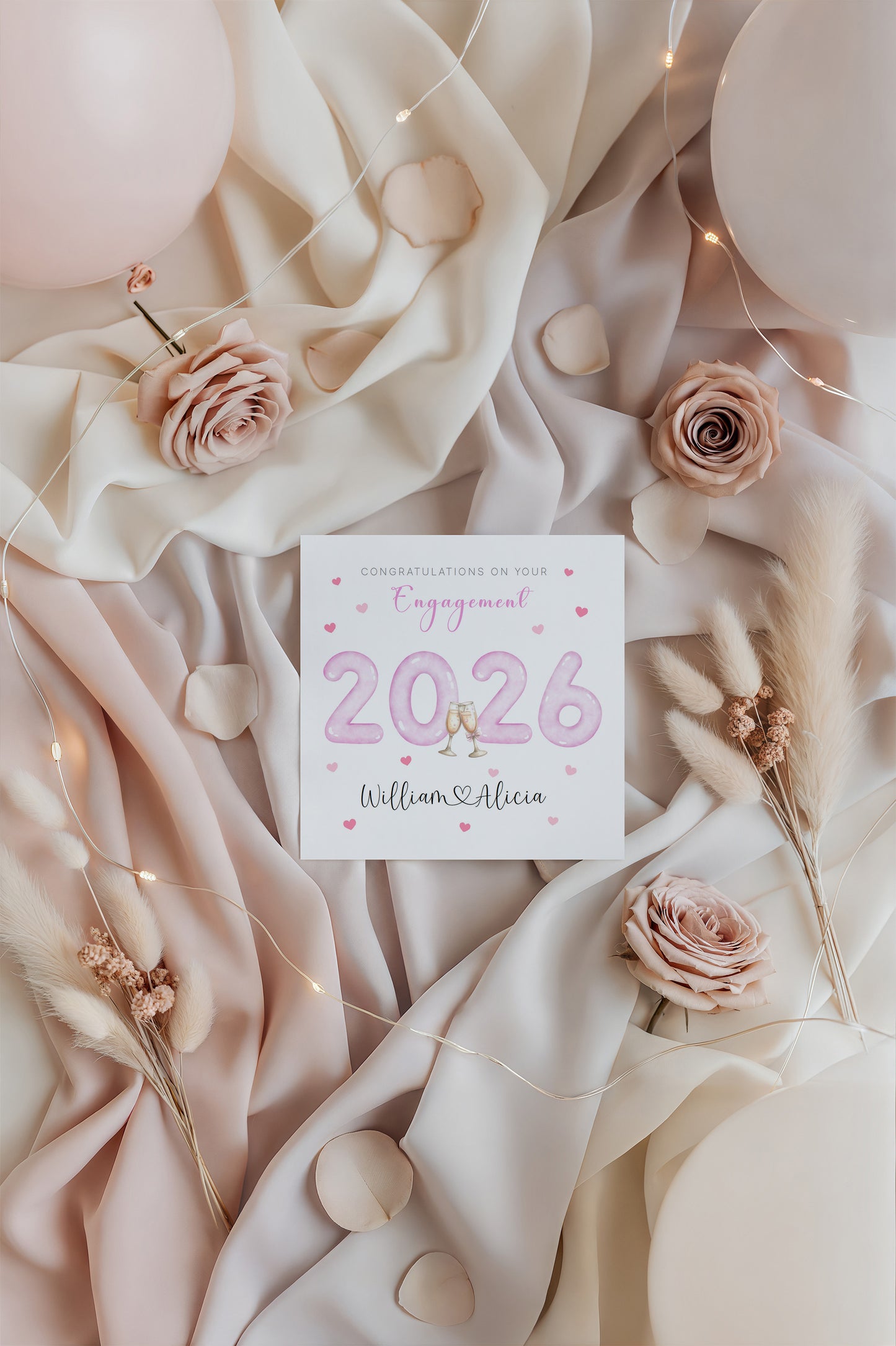 2026 Personalised Engagement Card with Custom Couple's Names – 2026 Champagne Toast Design - Congratulations Engagement Card for Newly Engaged Couples, Him or Her - Pink Envelope Included