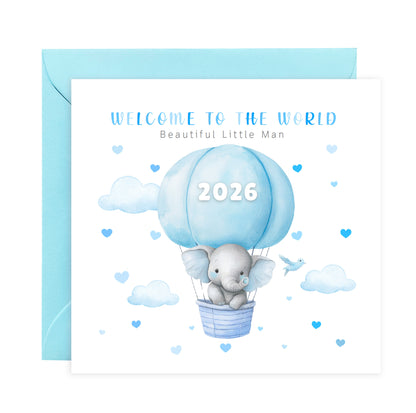 2026 New Baby Boy Card Congratulations for Newborn Son, Grandson, Nephew, Little One - Welcome To The World, Baby Shower Card - Elephant in a Hot Air Balloon Design  - Blue Envelope Included