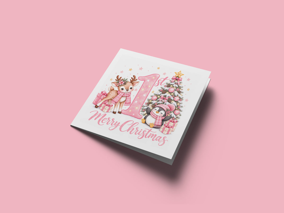 Baby Girl's 1st Christmas Card – Pink Reindeer & Penguin