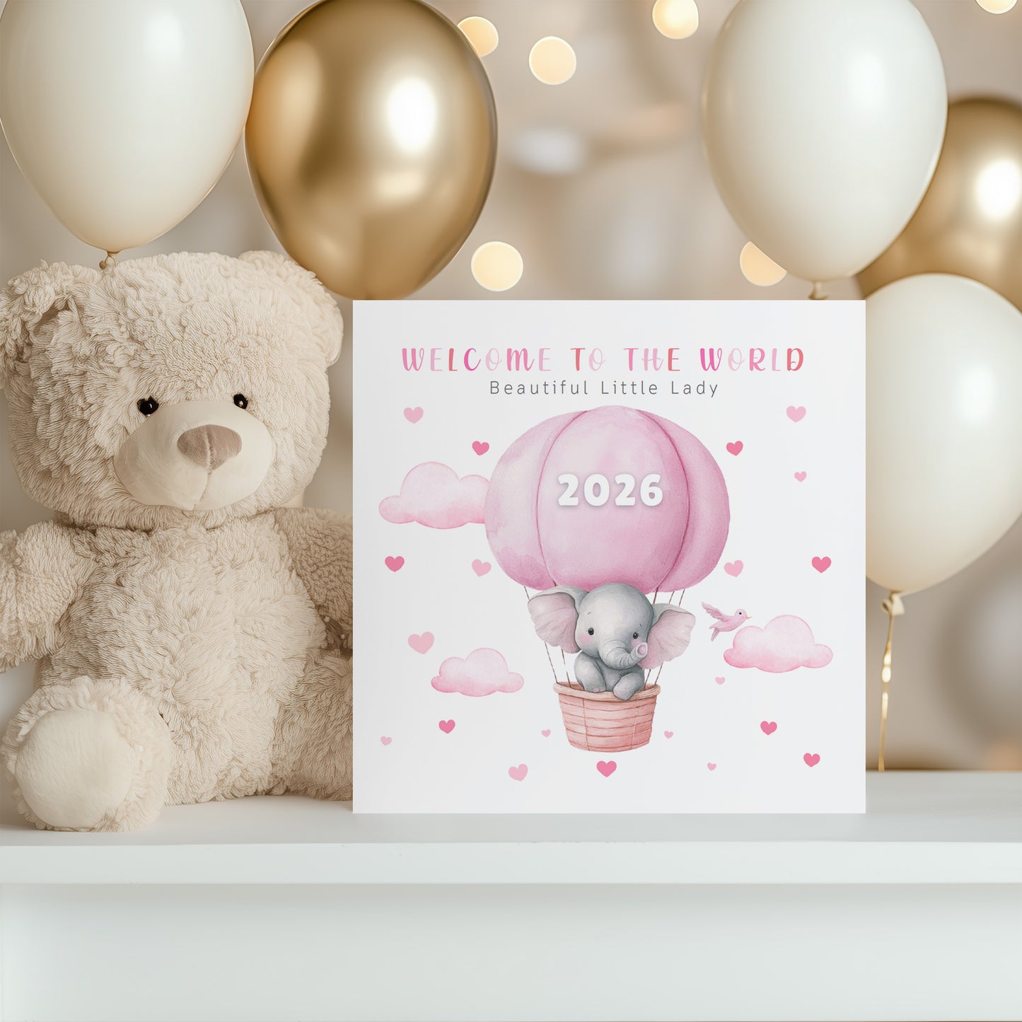 2026 New Baby Girl Card Congratulations for Newborn Daughter, Granddaughter, Niece, Little One - Welcome To The World Card with Elephant and Hot Air Balloon Design - Pink Envelope Included