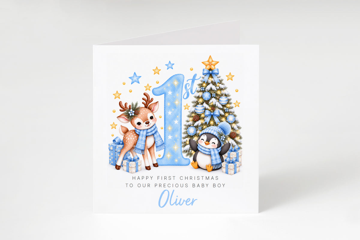 Personalised Baby Boy's 1st Christmas Card – Reindeer & Penguin