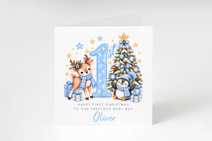 Personalised Baby Boy's 1st Christmas Card – Reindeer & Penguin