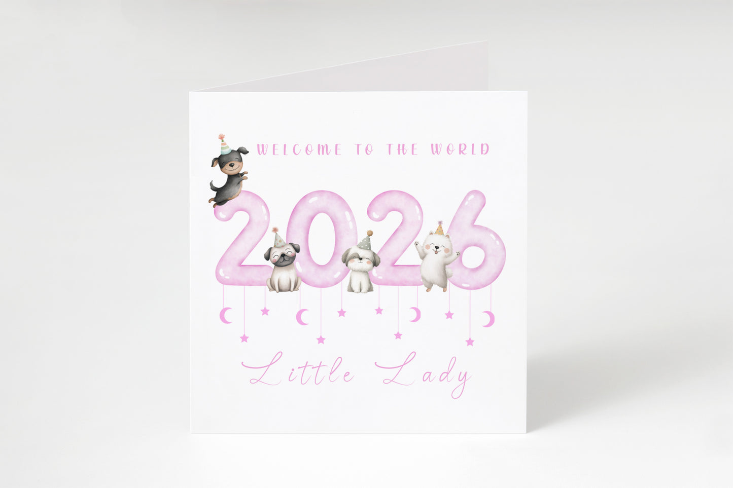 New Baby Girl Card Congratulations for Newborn Baby, Welcome To The World Card, Baby Shower Card for Daughter Granddaughter, Niece, Baby Girl, Little One - Cute Puppy Dogs Design with Pink Envelope