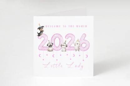 New Baby Girl Card Congratulations for Newborn Baby, Welcome To The World Card, Baby Shower Card for Daughter Granddaughter, Niece, Baby Girl, Little One - Cute Puppy Dogs Design with Pink Envelope