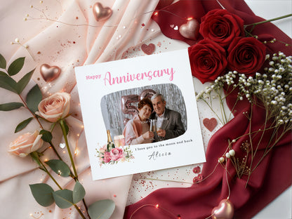 Personalised Photo Anniversary Card - Elegant Floral and Champagne Design - Custom Message, Name & Photo for Wedding, Relationship, Him, Her, Wife, Husband, Partner, Couple - Pink Envelope Included