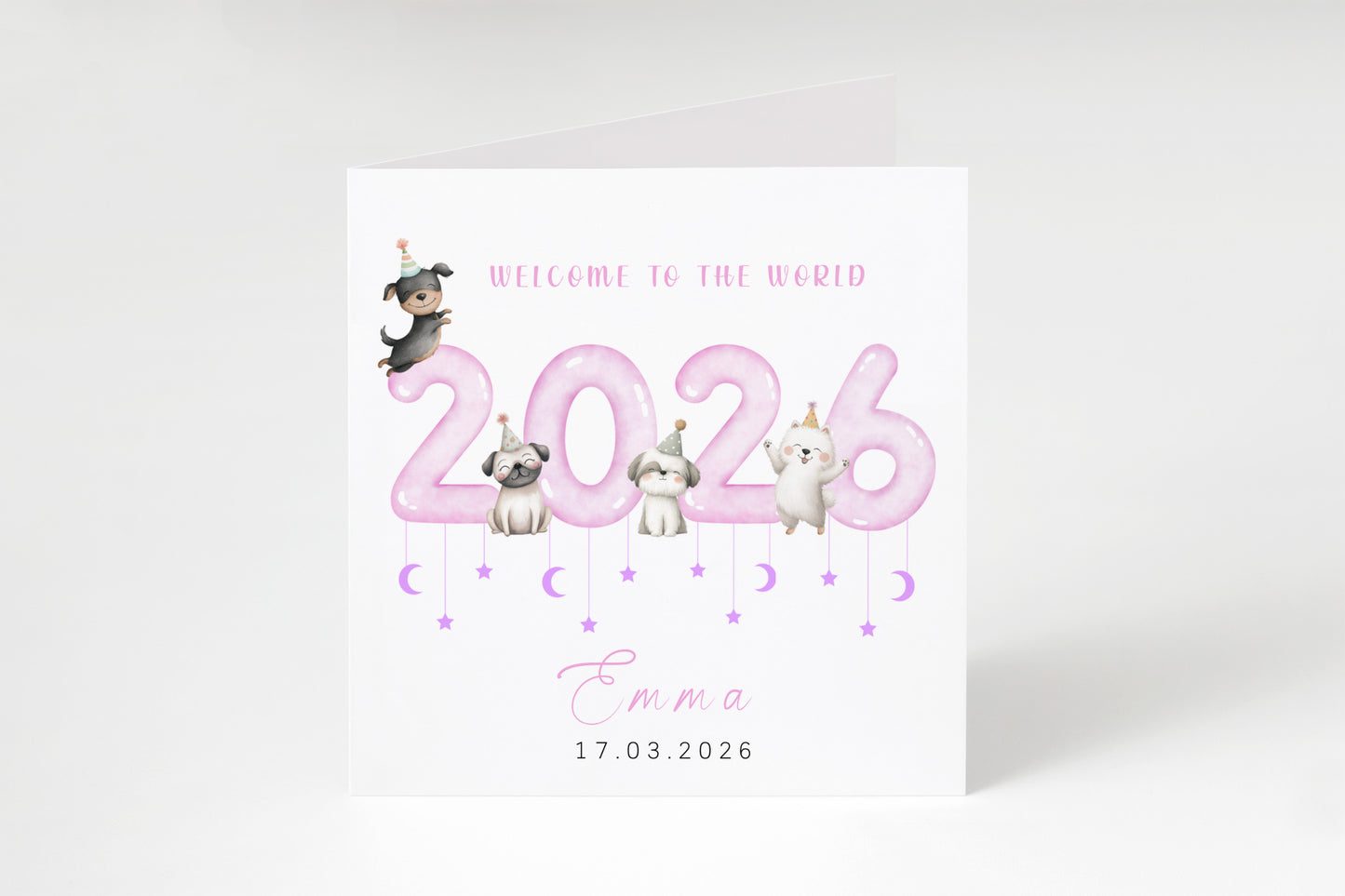 Personalised New Baby Girl Card Congratulations for Newborn Girl, Welcome To The World Card for Daughter, Granddaughter, Niece - Cute Puppy Dogs Design with Custom Name and Date with Pink Envelope