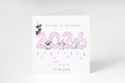 Personalised New Baby Girl Card Congratulations for Newborn Girl, Welcome To The World Card for Daughter, Granddaughter, Niece - Cute Puppy Dogs Design with Custom Name and Date with Pink Envelope