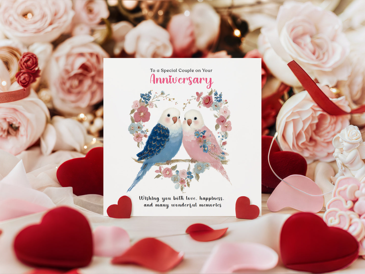 Cute Budgie Love Birds Anniversary Card for Wedding, Dating, Relationship Milestones –1st, 2nd, 3rd, 5th, 10th, 20th - For Him, Her, Wife, Husband, Couples