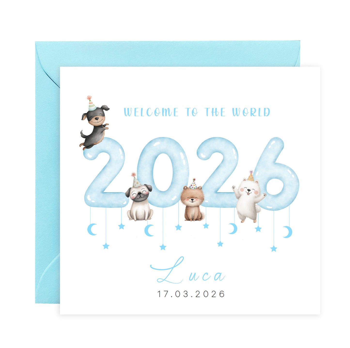 Personalised New Baby Boy Card Congratulations for Newborn Boy, Welcome To The World Card, Baby Shower for Son, Grandson, Nephew - Cute Puppy Dogs Design with Custom Name and Date with Blue Envelope