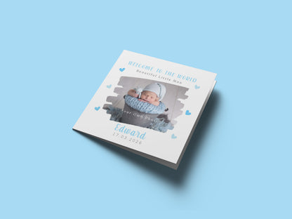 Personalised Photo New Baby Boy Card Congratulations for Newborn Boy, Welcome To The World Card for Son, Grandson, Nephew, Brush Stroke Photo Frame Design with Custom Name & Date with Blue Envelope