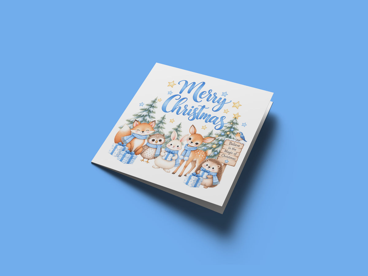 Blue Forest Christmas Card for Boys – Cute Christmas Woodland Animals