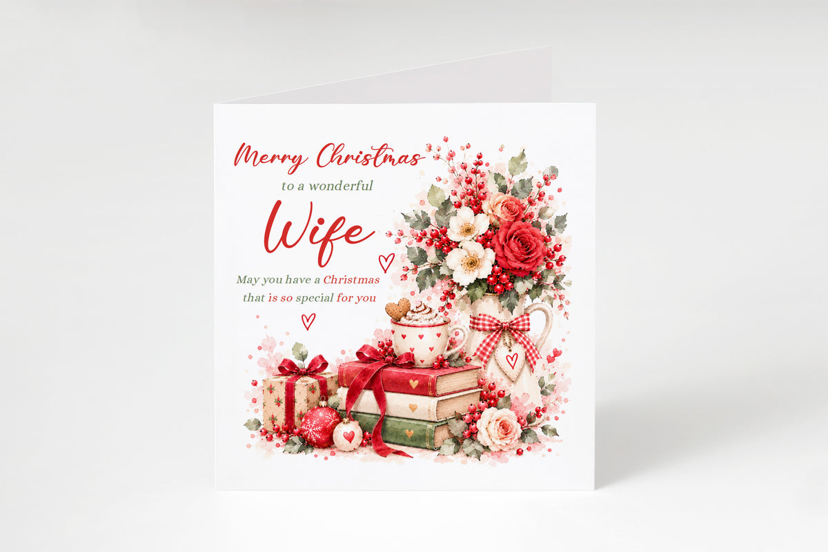 Christmas Card for Wife – Romantic Red Roses & Festive Floral Design