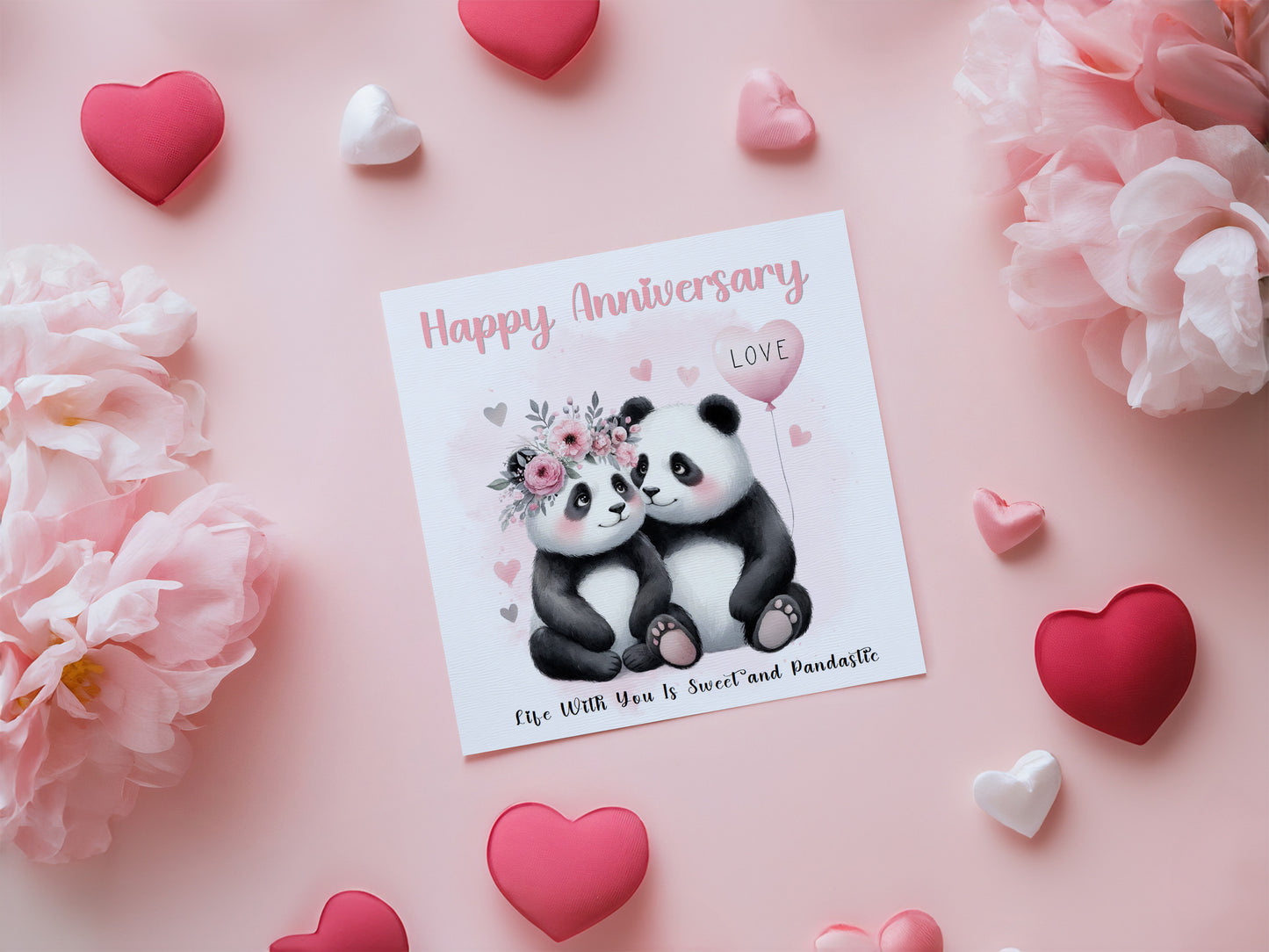 Cute Panda Couple Anniversary Card for Wedding, Dating, Relationship Milestones 1st, 2nd, 3rd, 5th, 10th, 20th 30th - For Him, Her, Wife, Husband, Couples - Pink Envelope Included