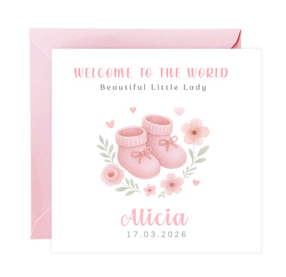 Personalised New Baby Girl Card Congratulations for Newborn Daughter, Granddaughter, Niece - Welcome To The World Card with Pink Baby Shoes Design - Custom Name & Date with Pink Envelope
