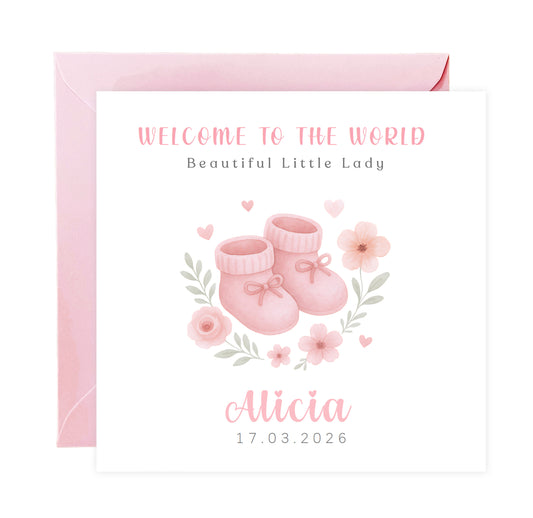Personalised New Baby Girl Card Congratulations for Newborn Daughter, Granddaughter, Niece - Welcome To The World Card with Pink Baby Shoes Design - Custom Name & Date with Pink Envelope
