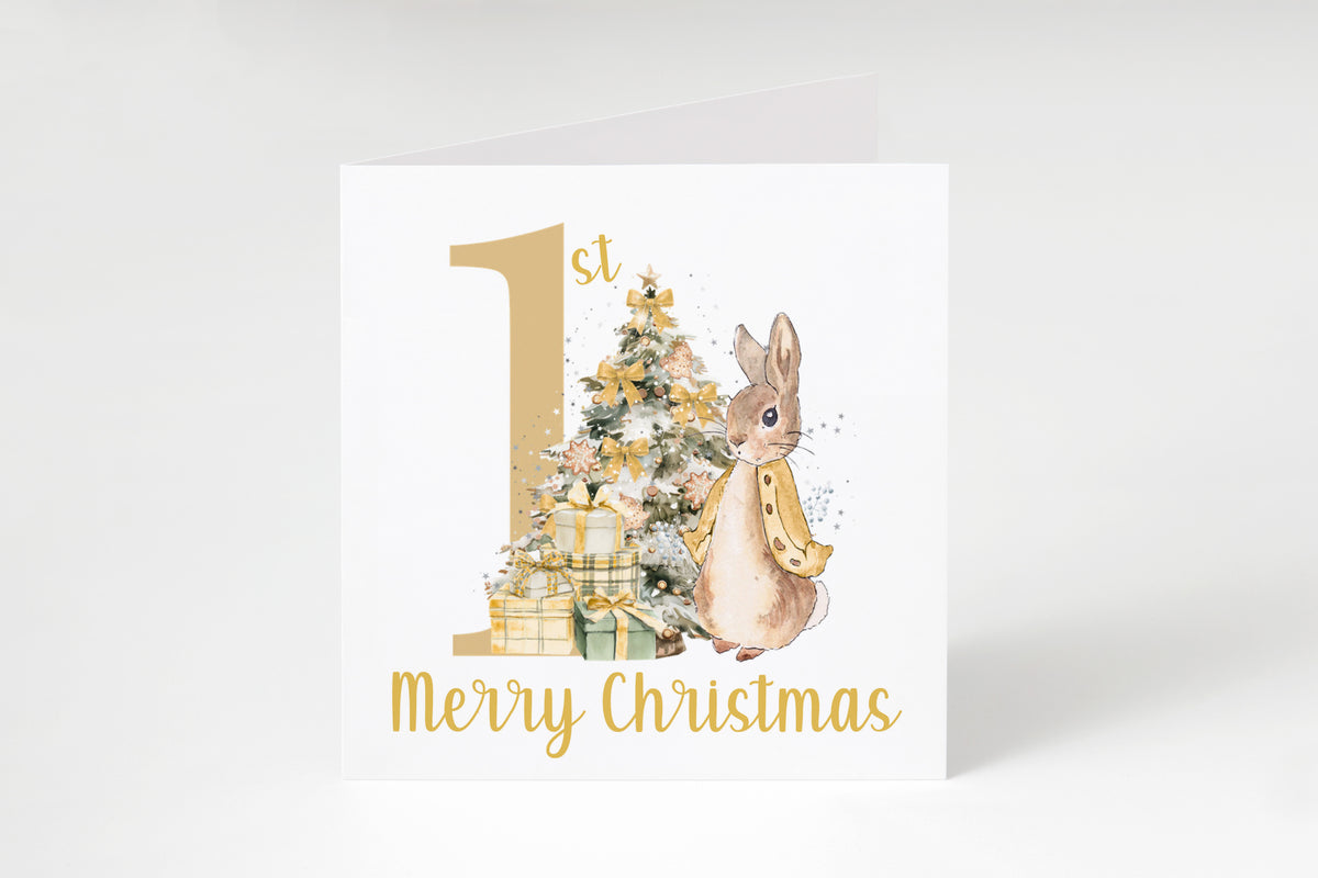 Happy 1st Christmas Card for Baby Boy or Baby Girl – Golden Rabbit and Christmas Trees
