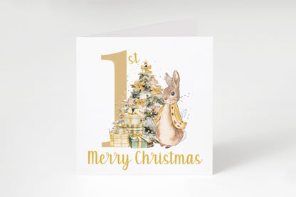 Happy 1st Christmas Card for Baby Boy or Baby Girl – Golden Rabbit and Christmas Trees