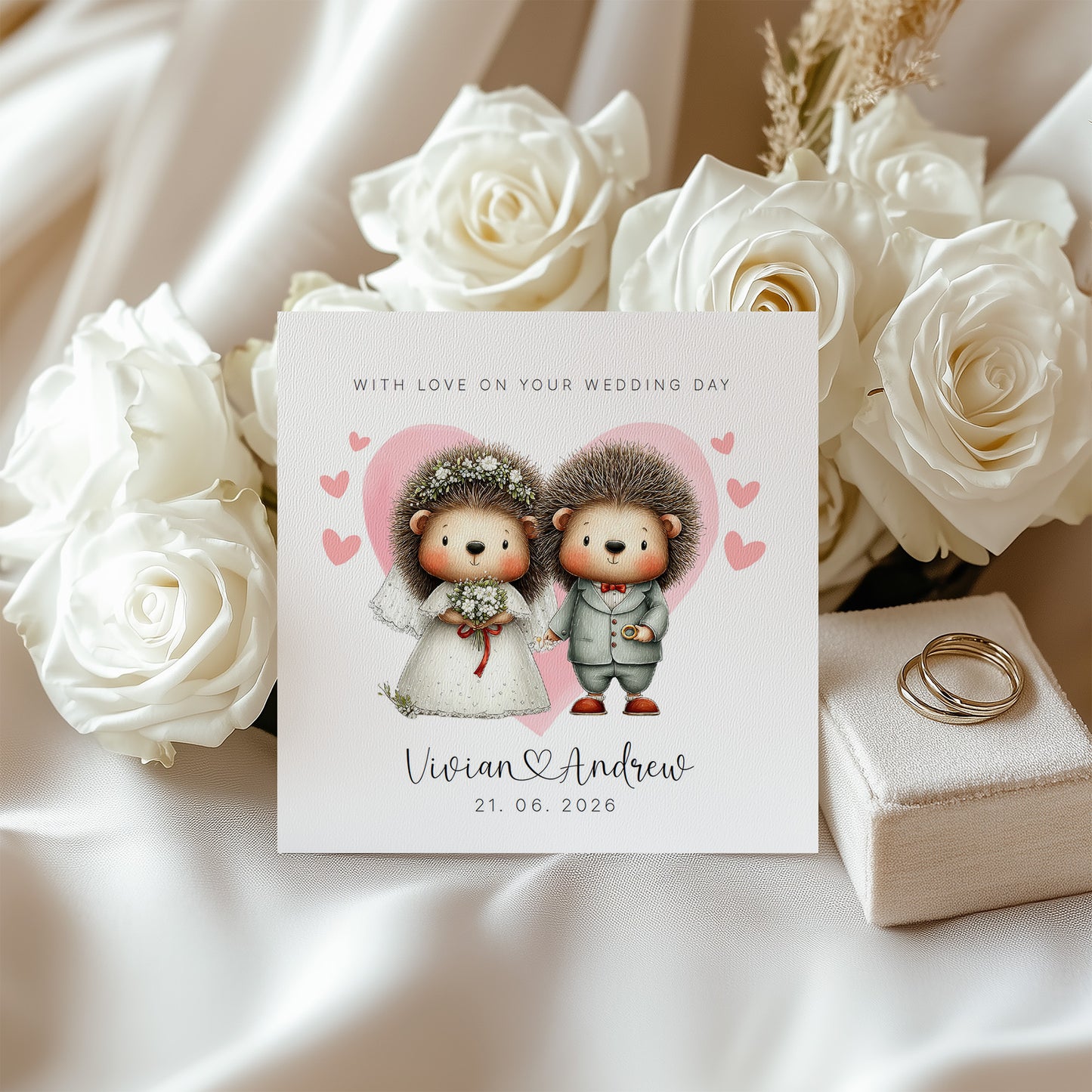 Personalised Wedding Card with Custom Couple's Names & Wedding Date – Cute Hedgehog Design - Wedding Congratulations Card for Newlywed couples, Animal Lovers, Him or Her - Pink Envelope Included