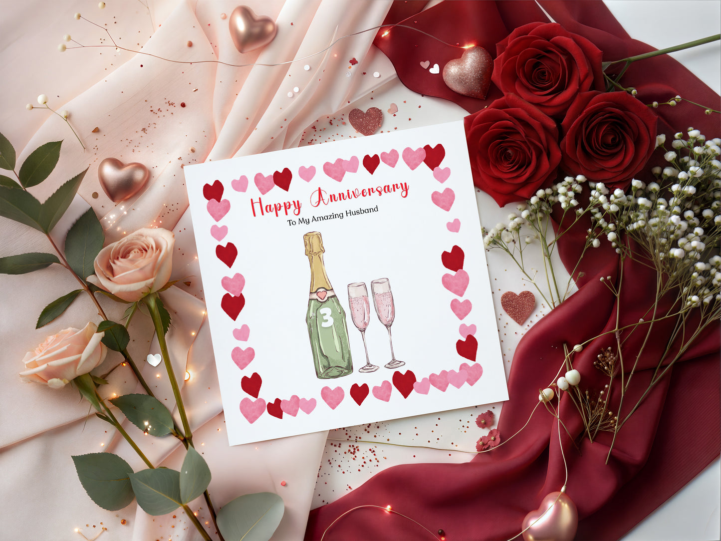 Personalised Anniversary Card - Elegant Prosecco Design - Custom Message and Years of Anniversary  for Wedding, Relationship, Him, Her, Wife, Husband, Partner, Couple - Pink Envelope Included