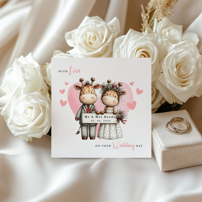 Personalised Wedding Card with Custom Couple's Names & Wedding Date – Cute Giraffe Design - Wedding Congratulations Card for Newlywed couples, Animal Lovers, Him or Her - Pink Envelope Included