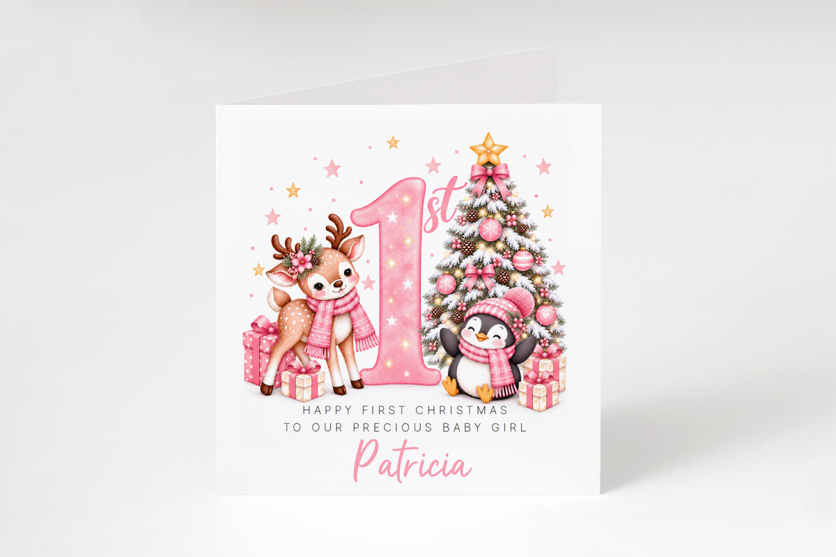 Personalised Baby Girl's 1st Christmas Card – Reindeer & Penguin Christmas Card
