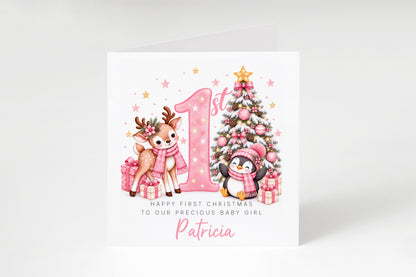 Personalised Baby Girl's 1st Christmas Card – Reindeer & Penguin Christmas Card