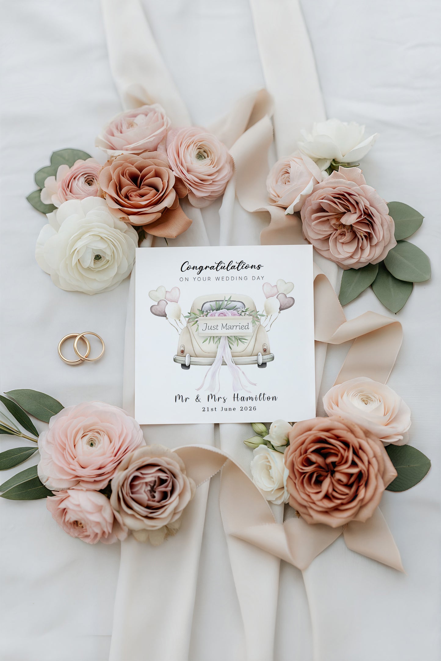 Personalised Wedding Card – Custom Couple's Names or  New Mr & Mrs Surname & Wedding Date – Elegant Wedding Car Design - Wedding Congratulations Card for Newlywed couples - Kraft Envelope Included