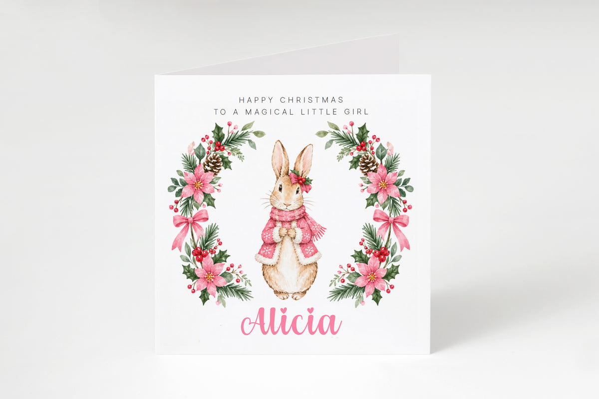 Personalised Christmas Card for Girls – Pink Festive Bunny and Xmas Wreath