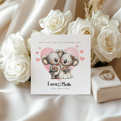 Personalised Wedding Card –with Custom Couple's Names & Wedding Date – Cute Koala Design - Wedding Congratulations Card for Newlywed couples, Animal Lovers, Him or Her - Pink Envelope Included