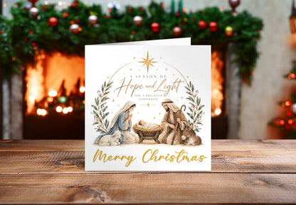 Nativity Christmas Card - Mary, Joseph, Baby Jesus and Twinkling Stars Design - Elegant Religious Christmas Greeting Card