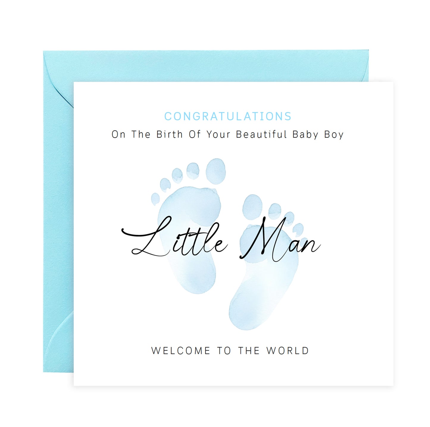 New Baby Boy Card Congratulations for Newborn Boy, Welcome To The World Card, Baby Shower for Son, Grandson, Nephew, Little One - Baby Feet Design - Blue Envelope Included