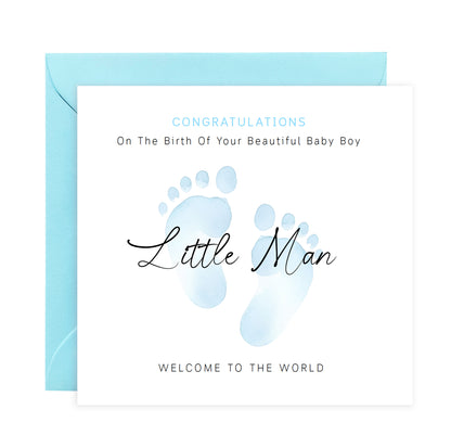 New Baby Boy Card Congratulations for Newborn Boy, Welcome To The World Card, Baby Shower for Son, Grandson, Nephew, Little One - Baby Feet Design - Blue Envelope Included