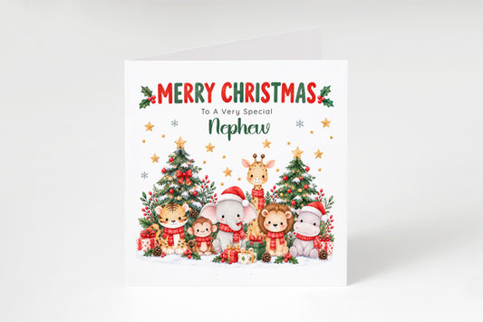 Jungle Animals Christmas Card for Nephew - Cute Safari Animals Design