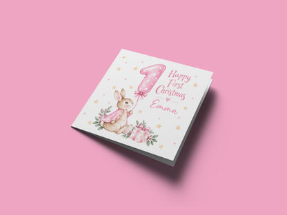 Personalised Baby Girl's First Christmas Card – Pink Cute Bunny Design